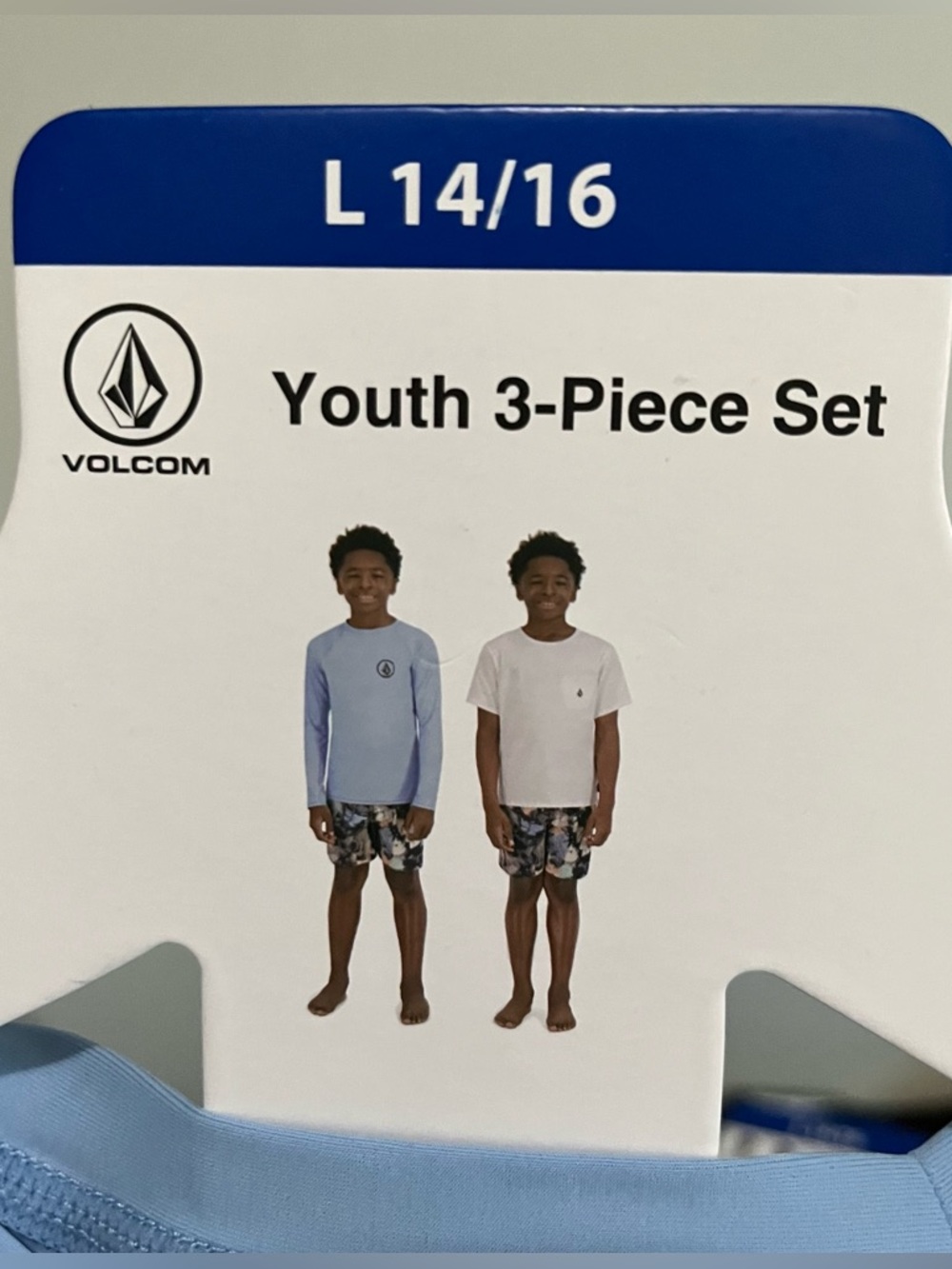 VOLCOM Youth 3-Piece Set - Light Blue Long Sleeve& White T Shirt and Sorts Set